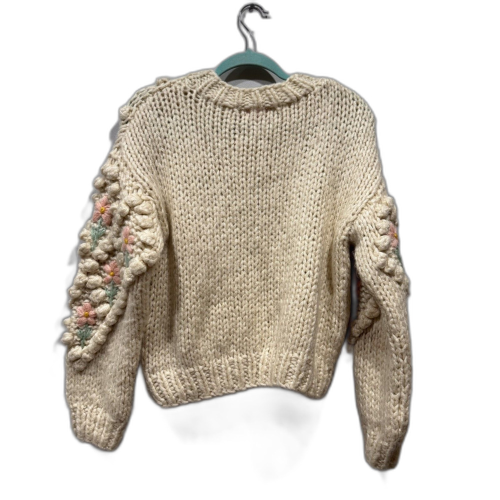 Sugar Thrillz Cardigan Sweater Chunky Knit Floral Cream Cottagecore Women Medium - Picture 7 of 8
